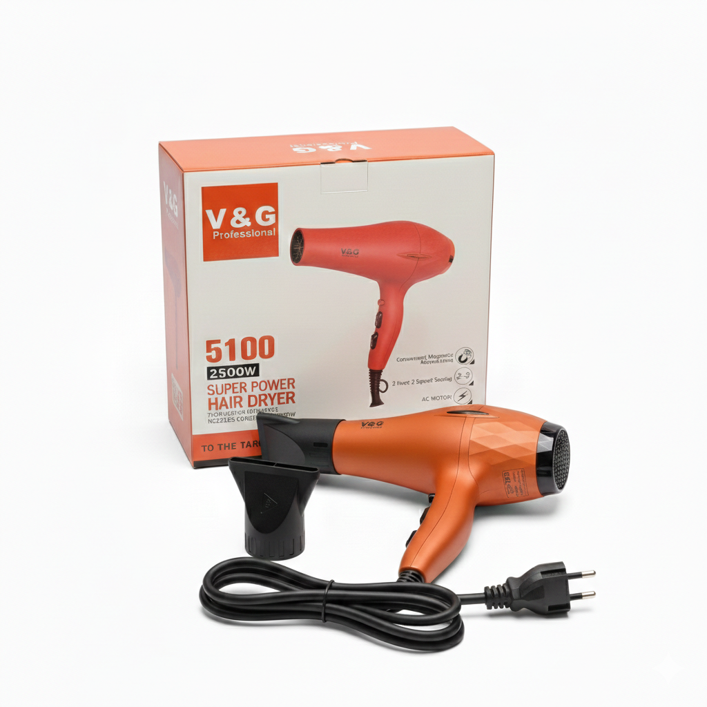 V&G Professional Hair Dryer 5100 – 2500W Super Power AC Motor | Fast Drying Salon-Grade Hair Dryer