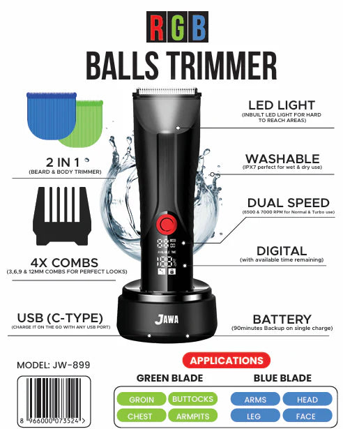 JAWA RGB Balls Trimmer JW-899 – 2-in-1 Beard & Body Trimmer with Digital Display