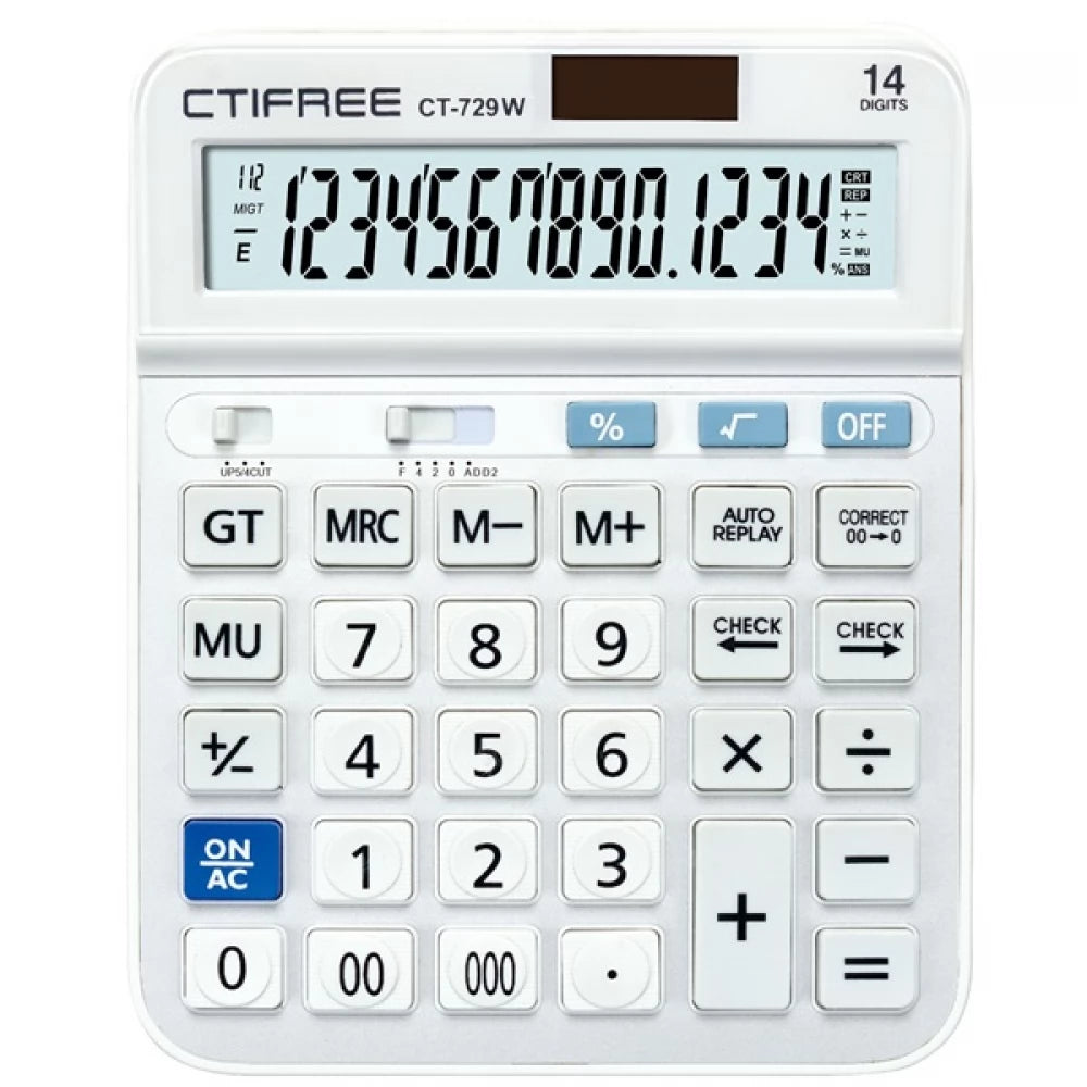 CTIFREE CT-729W 14-Digit Desktop Calculator – Dual Power Solar Calculator