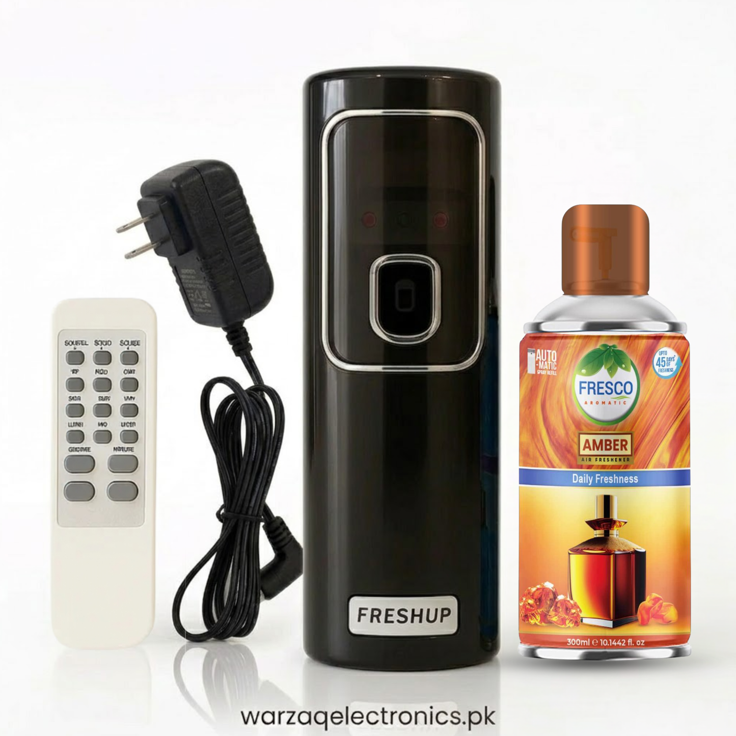 Freshup Black Automatic Air Freshener Dispenser with Remote, Adapter & Refill – Dual Power Spray Machine