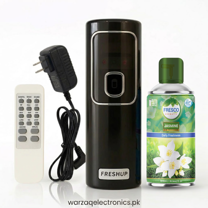 Freshup Black Automatic Air Freshener Dispenser with Remote, Adapter & Refill – Dual Power Spray Machine
