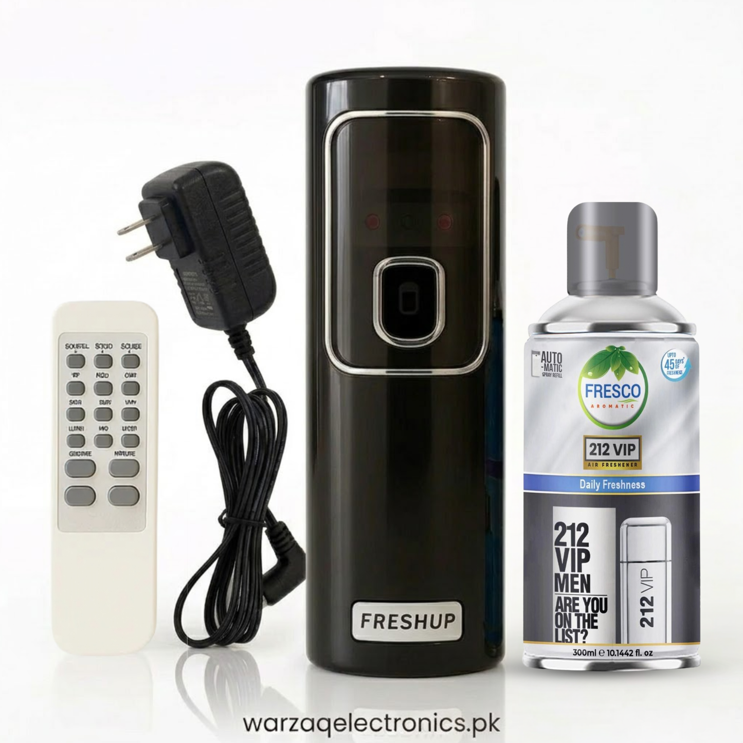Freshup Black Automatic Air Freshener Dispenser with Remote, Adapter & Refill – Dual Power Spray Machine