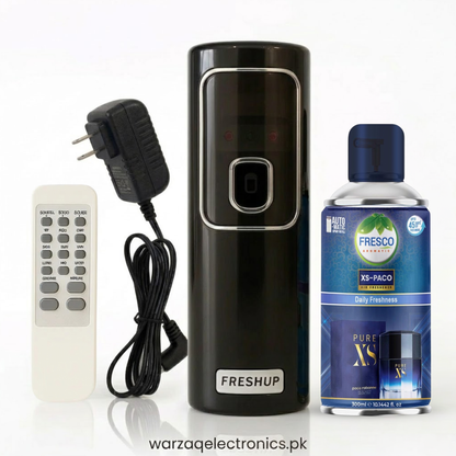 Freshup Black Automatic Air Freshener Dispenser with Remote, Adapter & Refill – Dual Power Spray Machine