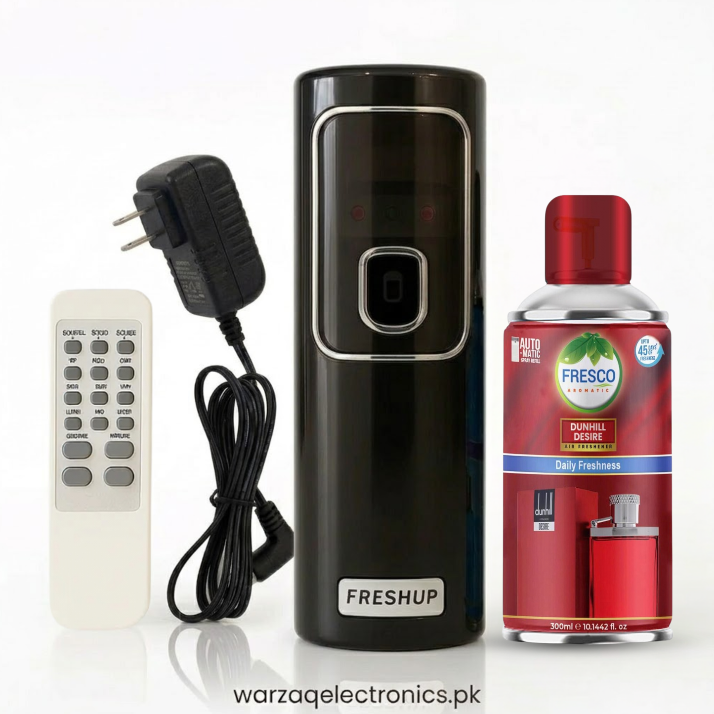 Freshup Black Automatic Air Freshener Dispenser with Remote, Adapter & Refill – Dual Power Spray Machine