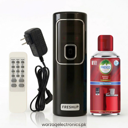 Freshup Black Automatic Air Freshener Dispenser with Remote, Adapter & Refill – Dual Power Spray Machine
