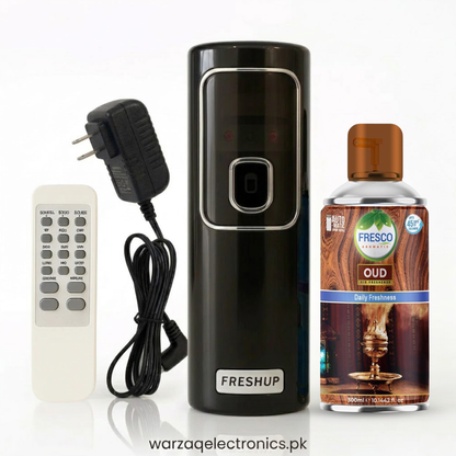 Freshup Black Automatic Air Freshener Dispenser with Remote, Adapter & Refill – Dual Power Spray Machine