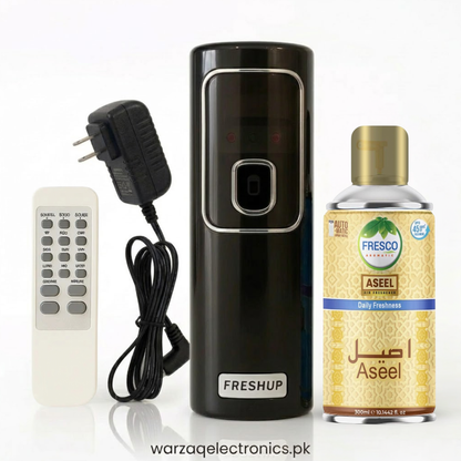 Freshup Black Automatic Air Freshener Dispenser with Remote, Adapter & Refill – Dual Power Spray Machine