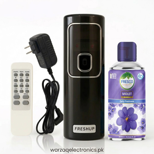 Freshup Black Automatic Air Freshener Dispenser with Remote, Adapter & Refill – Dual Power Spray Machine