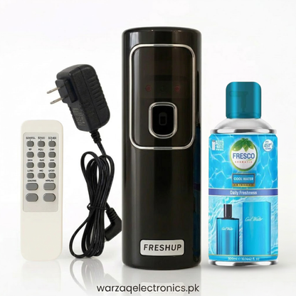 Freshup Black Automatic Air Freshener Dispenser with Remote, Adapter & Refill – Dual Power Spray Machine