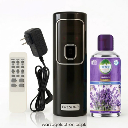 Freshup Black Automatic Air Freshener Dispenser with Remote, Adapter & Refill – Dual Power Spray Machine