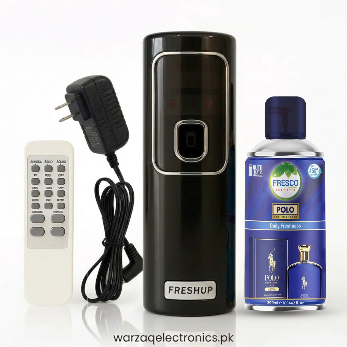 Freshup Black Automatic Air Freshener Dispenser with Remote, Adapter & Refill – Dual Power Spray Machine