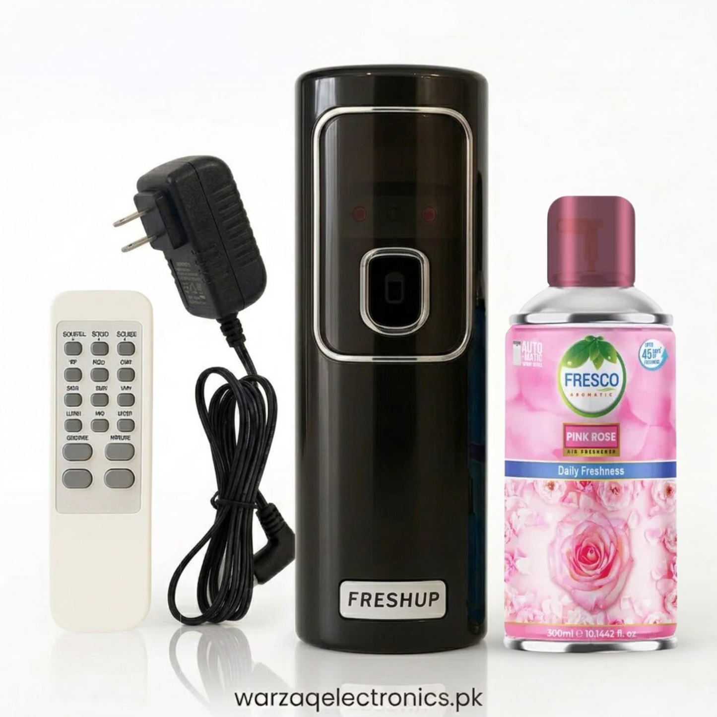 Freshup Black Automatic Air Freshener Dispenser with Remote, Adapter & Refill – Dual Power Spray Machine