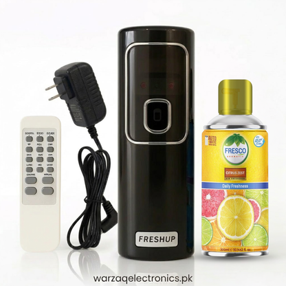 Freshup Black Automatic Air Freshener Dispenser with Remote, Adapter & Refill – Dual Power Spray Machine