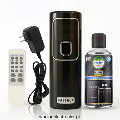 Freshup Black Automatic Air Freshener Dispenser with Remote, Adapter & Refill – Dual Power Spray Machine