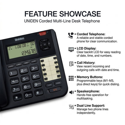 Uniden AT8502 2-Line Business Phone with Speakerphone & Caller ID | Corded Landline Telephone