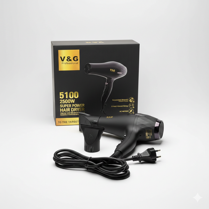 V&G Professional Hair Dryer 5100 – 2500W Super Power AC Motor | Fast Drying Salon-Grade Hair Dryer