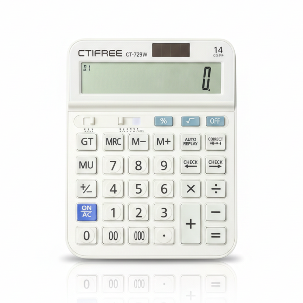 CTIFREE CT-729W 14-Digit Desktop Calculator – Dual Power Solar Calculator