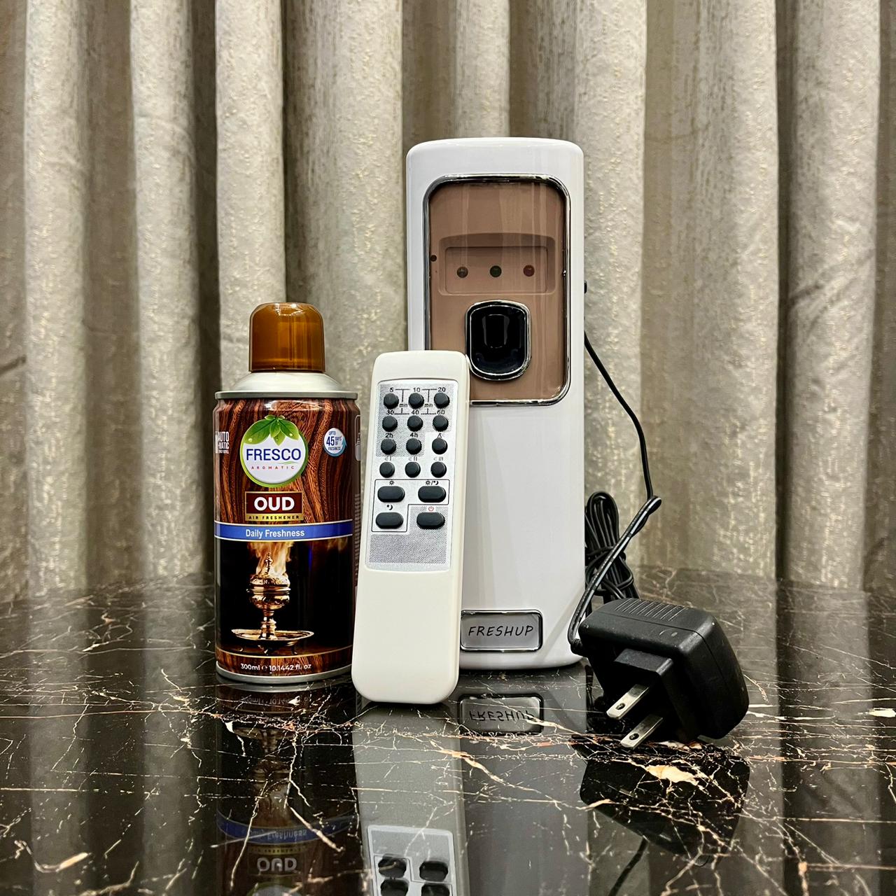 Freshup Automatic Air Freshener Dispenser with Remote, Adapter & Refill – Dual Power Spray Machine