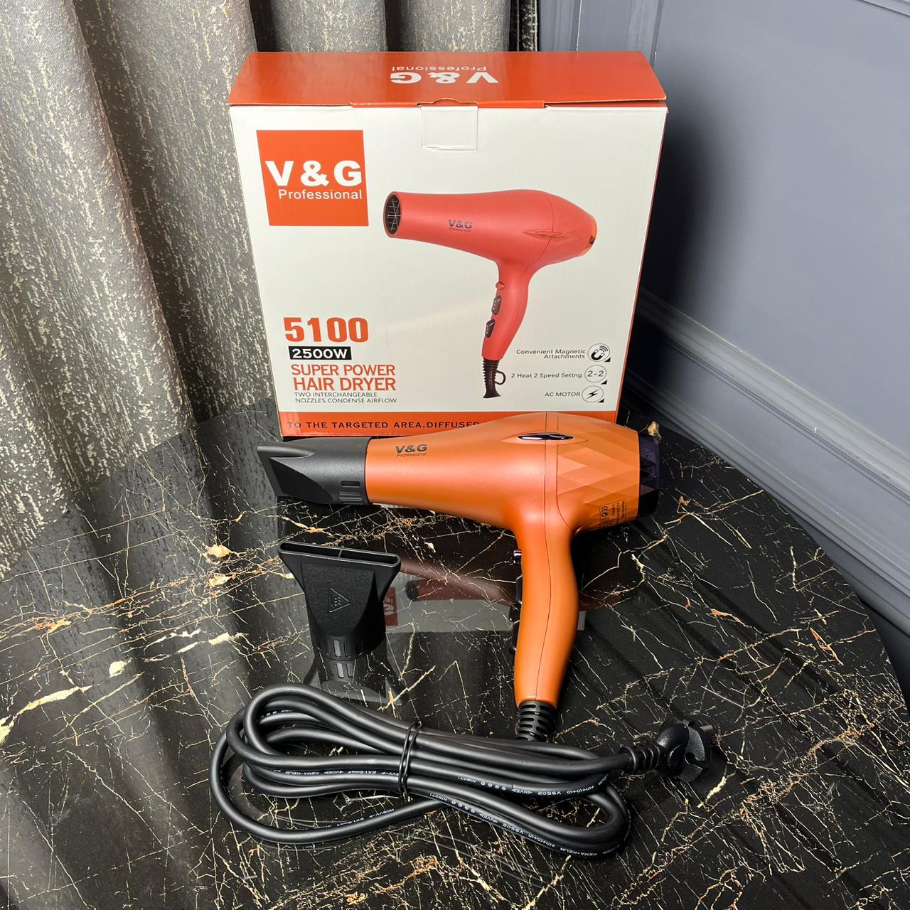 V&G Professional Hair Dryer 5100 – 2500W Super Power AC Motor | Fast Drying Salon-Grade Hair Dryer